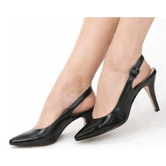 YSL, Yves Saint Laurent Shoes - VTG 80s Yves Saint Laurent Black Patent Slingback Heels Paris Chic